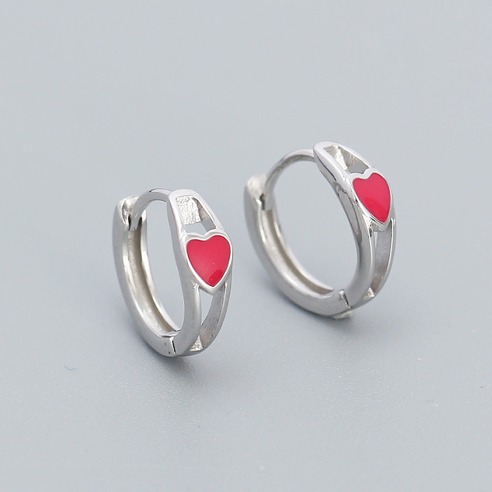 Minimalist Heart-Shaped S925 Sterling Silver Enamel Earrings for Women with Polished Finish
