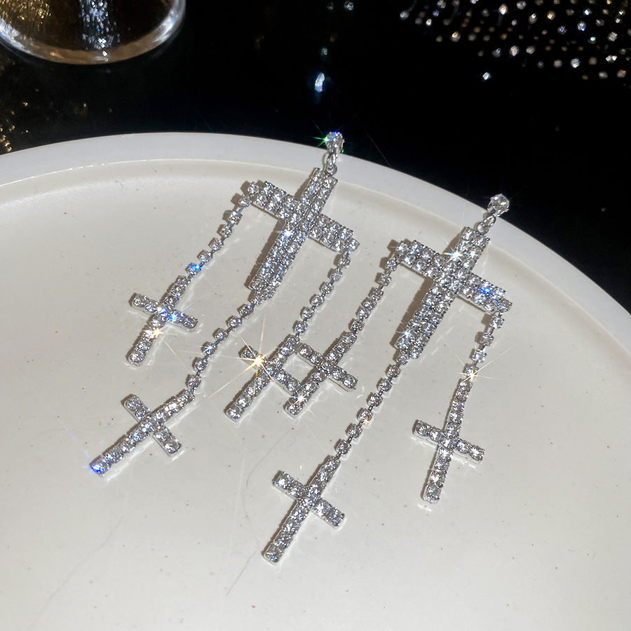 Orecchini pendenti a perno con croce geometrica e strass, in rame e acciaio per donna