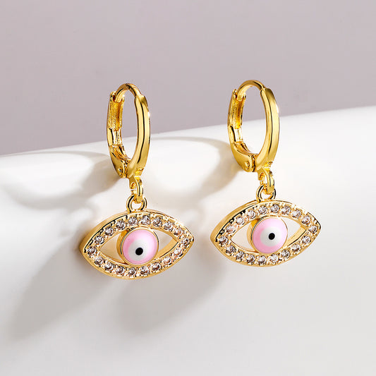Pendientes de circonita de ojo turco geométricos minimalistas para mujer con base de cobre y chapado en oro de 18 quilates