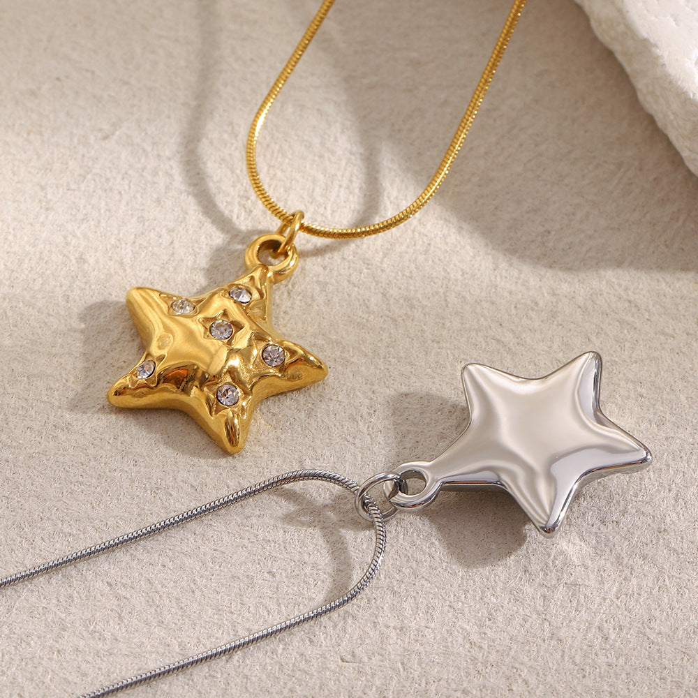 Luxury Minimalist Star-Shaped Stainless Steel Necklace with 18K Gold Plating and Rhinestone Accents