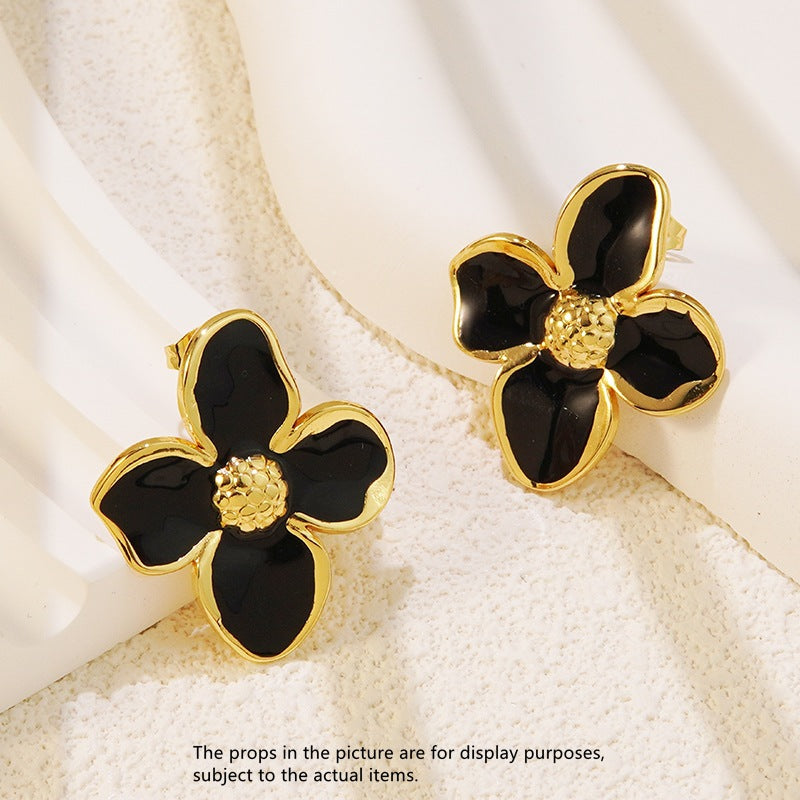 Vintage Sweet Floral Drip Oil Plated Titanium Steel Earrings for Women