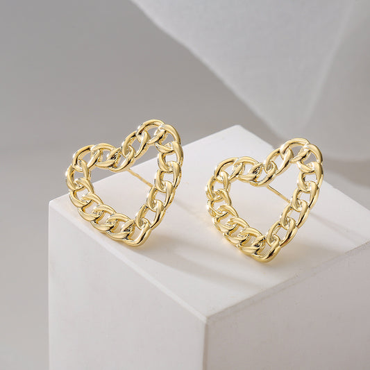Vintage Heart-Shaped Hollow-Out Earrings in Copper with 18K Gold Plating and 925 Sterling Silver Posts