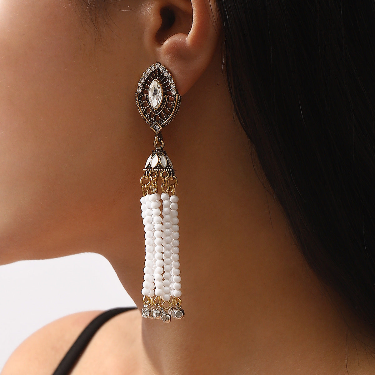 Pendientes de borlas geométricos bohemios con diamantes de imitación y base de aleación chapada para mujer