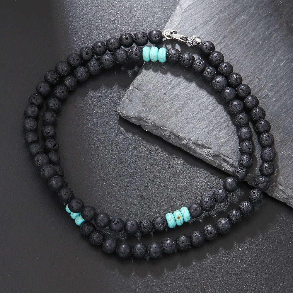 Hip-hop Punk Geometric Round Matte Stainless Steel Beaded Necklace with Alloy and Agate Pendant
