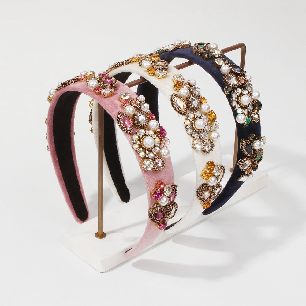 Cerchietto Barocco Geometrico da Donna con Struttura in Lega, Fascia in Velluto, Dettagli in Strass e Perle, Copricapo di Lusso Stile Palazzo