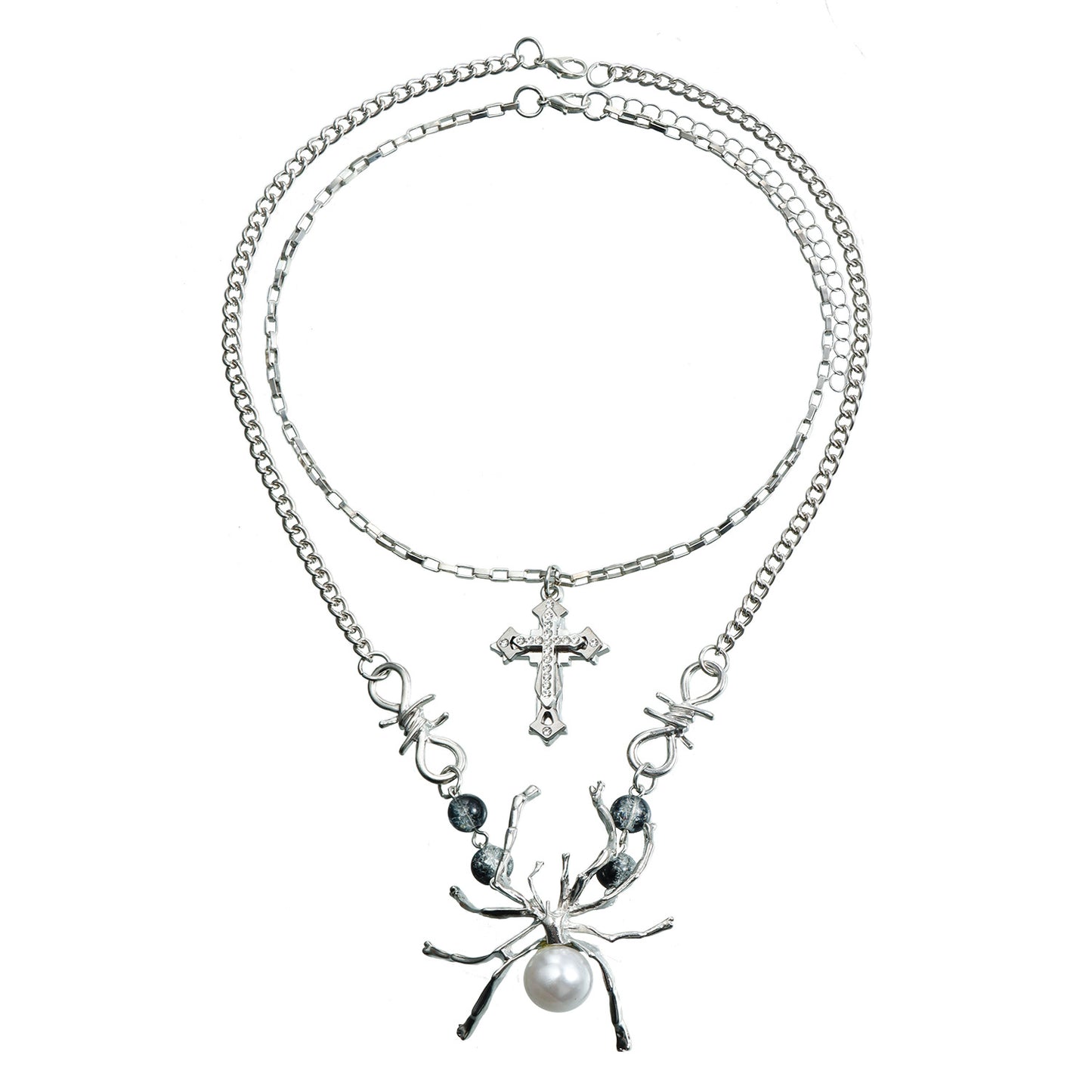 Dark Gothic Spider Cross Pendant Necklace for Women Alloy Plated Clavicle Chain with Detachable Double-Layer Design