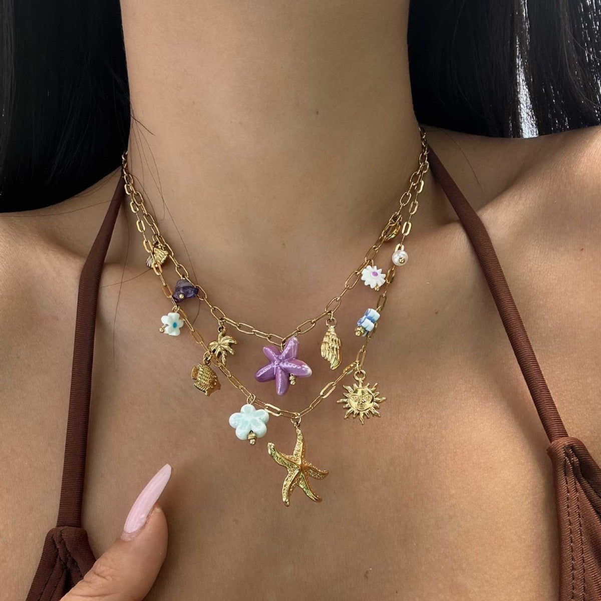 Collana con ciondolo in ceramica geometrica a stella in acciaio inossidabile casual, placcata, con conchiglia da spiaggia, stella marina, catena estiva per clavicola da donna