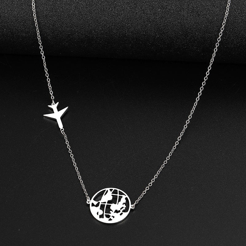 Minimalist Stainless Steel Airplane and World Map Pendant Necklace with Gold or Silver Plating