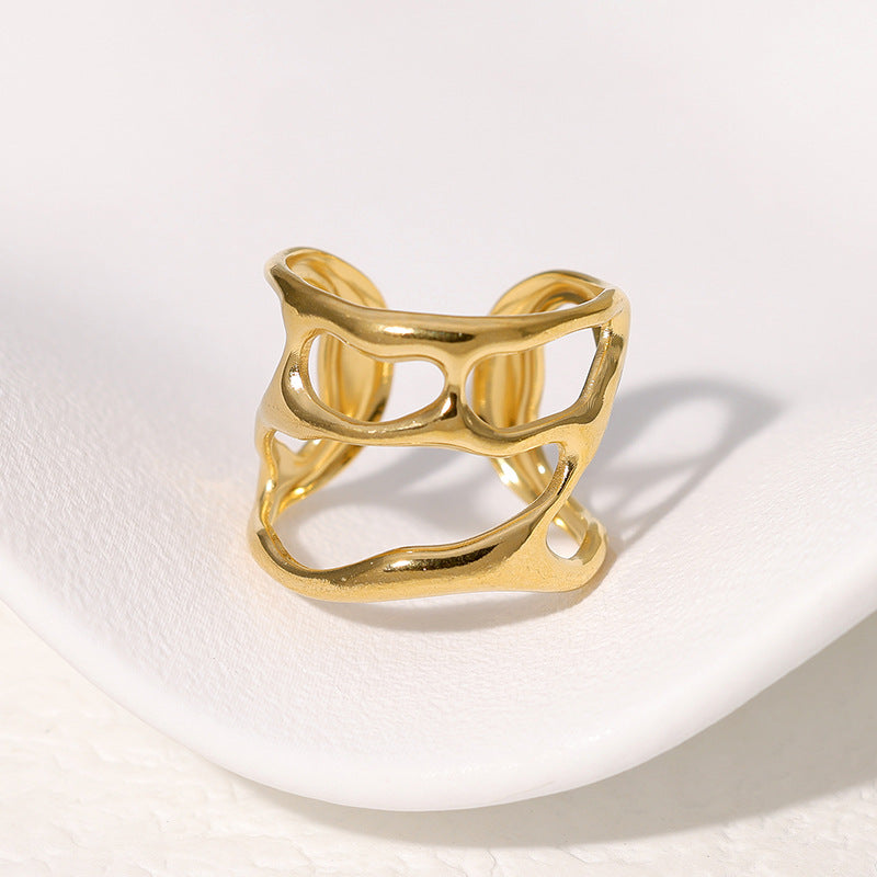 Anillo Abierto Asimétrico Irregular de Acero y Titanio Geométrico Minimalista para Mujer con Acabado Chapado