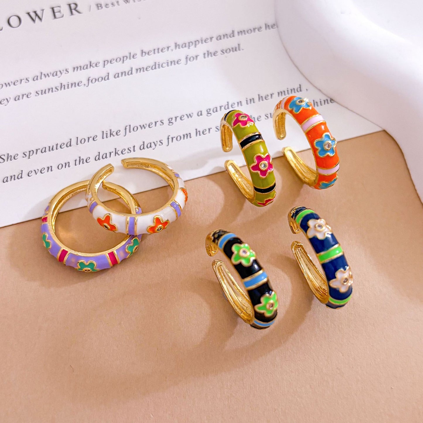 Vintage Sweet Floral Brass Gold Plated Drip Oil Ring for Women