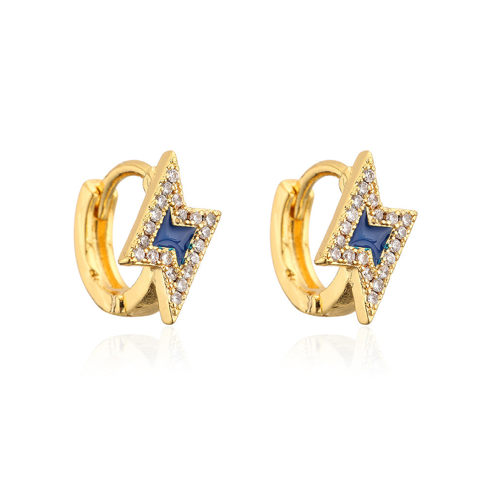 Orecchini minimalisti geometrici in rame con placcatura in oro 18 carati e design a fulmine in zircone smaltato da donna