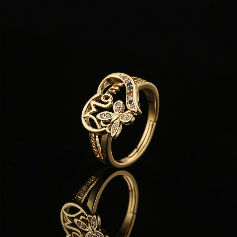 Sweet 18K Gold Plated Geometric Heart Micro-inlaid Brass Ring for Women