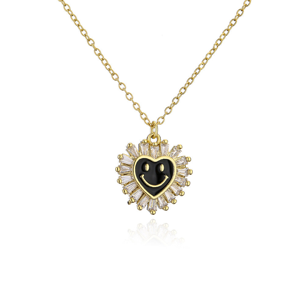 Cute Heart-Shaped Copper Pendant Necklace with Micro-Paved Zirconia and Enamel Smile Design