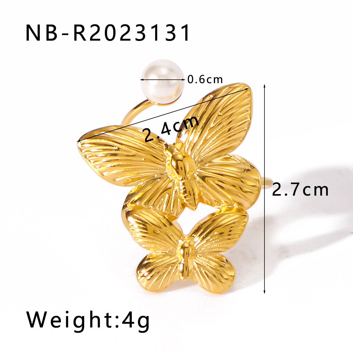 Minimalist Butterfly-Shaped Stainless Steel Ring with 18K Gold Plating and Pearl Inlay for Women