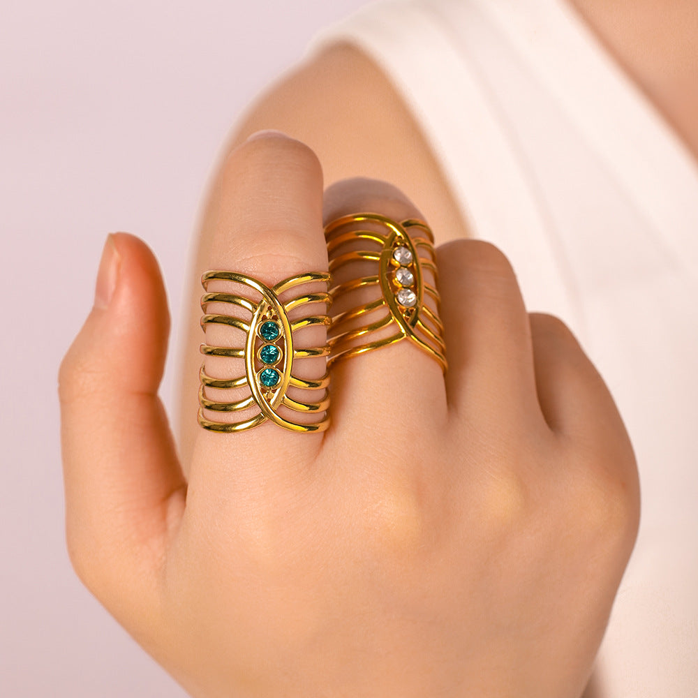 Geometric Stainless Steel Ring with 18K Gold Plating and Zircon Inlay for Women — Hypoallergenic, Fade-Resistant Statement Jewelry