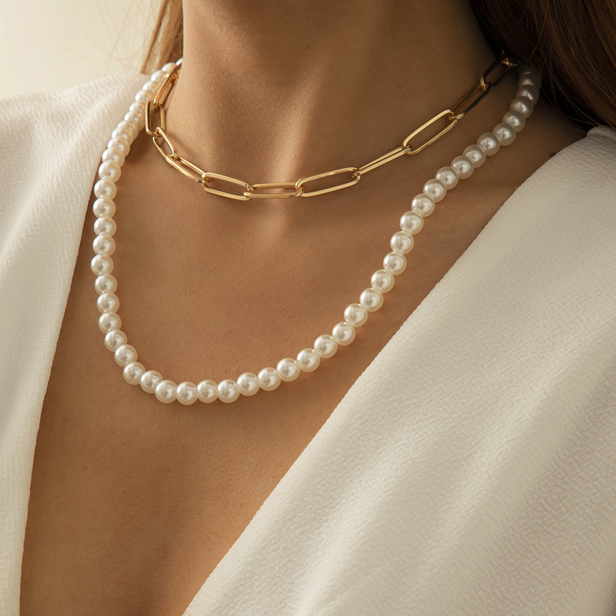 Vintage Minimalist Punk Geometric Cross Iron Necklace with Imitation Pearl Ball Chain Multi-layer Choker