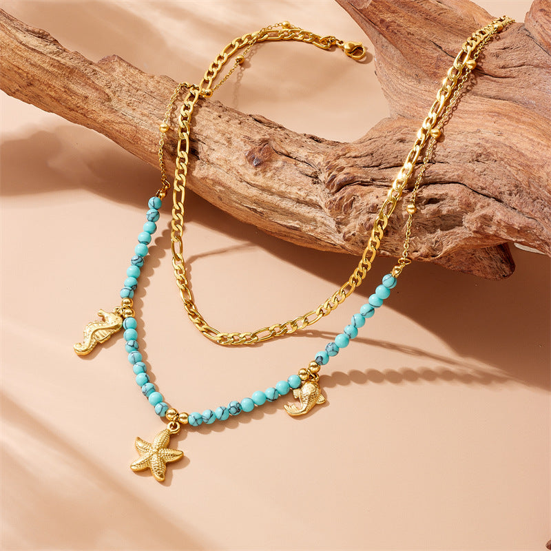 Collar Vintage de Acero Inoxidable con Baño de Oro, Temática Oceánica, con Colgantes de Caballito de Mar, Estrella de Mar, Carpa y Cuentas Turquesas
