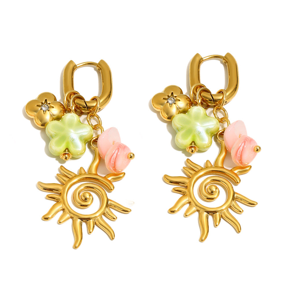 Vintage Luxury 18K Gold Plated Stainless Steel Geometric Flower Sun Tassel Earrings for Women