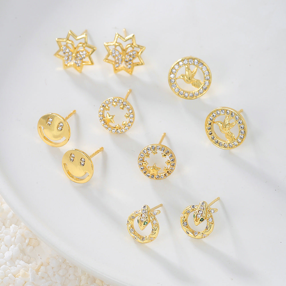 Minimalist Geometric Gold Plated Brass Stud Earrings with Micro-set Cubic Zirconia Smile Face