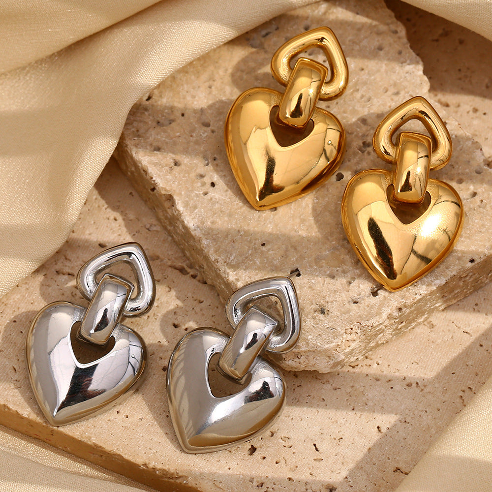 Fashionable Minimalist Heart-Shaped Stainless Steel Earrings with 18K Gold Plating for Women