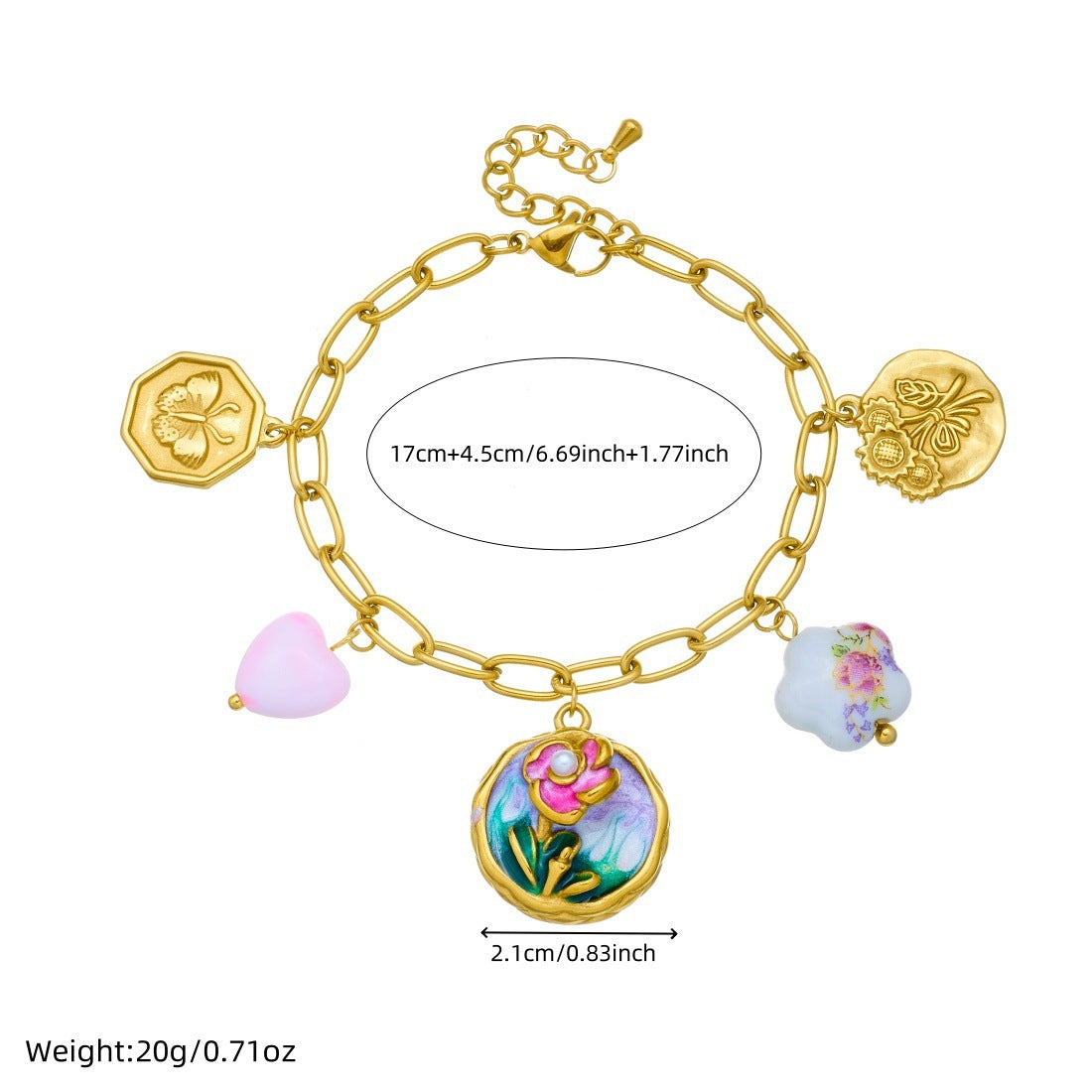 Vintage Elegant Gold Plated Enamel Round Flower Butterfly Stainless Steel Necklace and Bracelet Set for Women