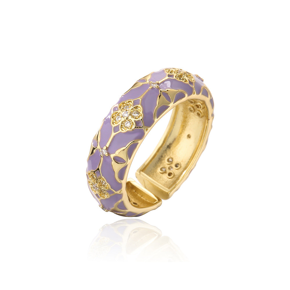 Bohemian Vintage Geometric Open Ring for Women in Copper with 18K Gold Plating and Enamel Finish