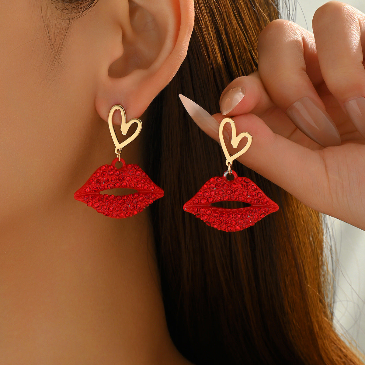 Pendientes de Aleación con Forma de Labios y Pedrería, Diseño Geométrico y Estilo Elegante y Versátil para Mujer