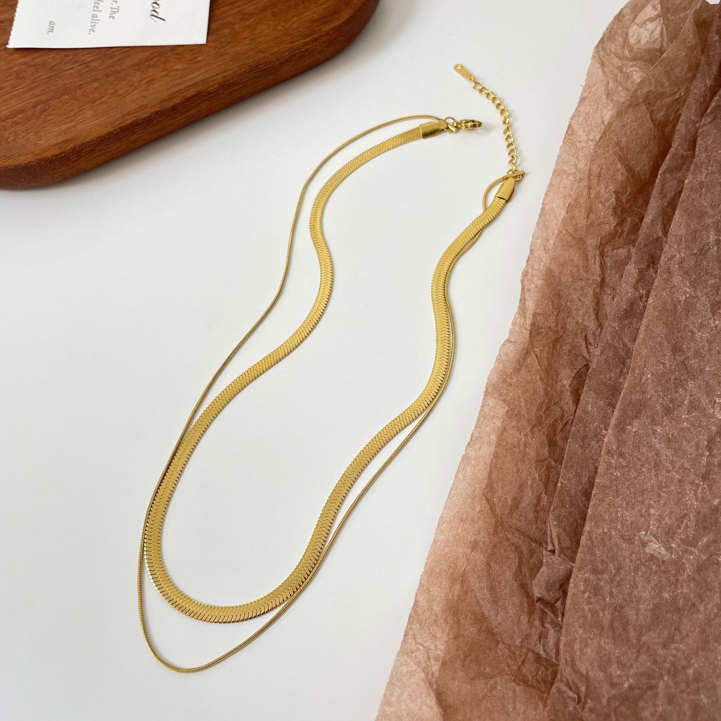 Collana da donna a doppio strato minimalista geometrica in acciaio al titanio con finitura placcata e catena snake