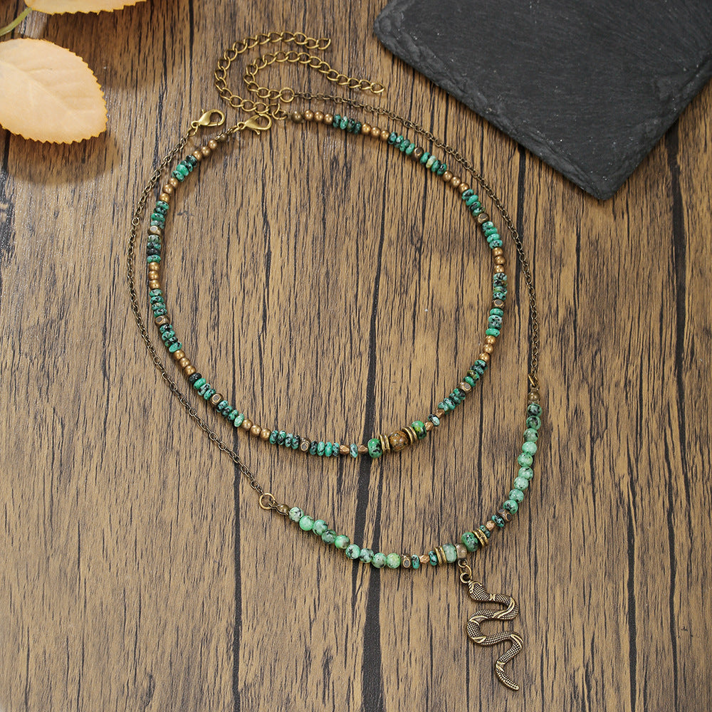 Vintage Bohemian Geometric Snake Alloy Pendant Necklace with Turquoise Beads for Women