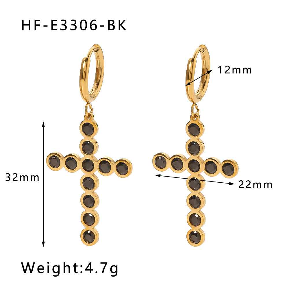 Ins Style Geometric Stainless Steel Cross Stud Earrings with Green Black Colorful or White Zircon Inlay Plated for Women