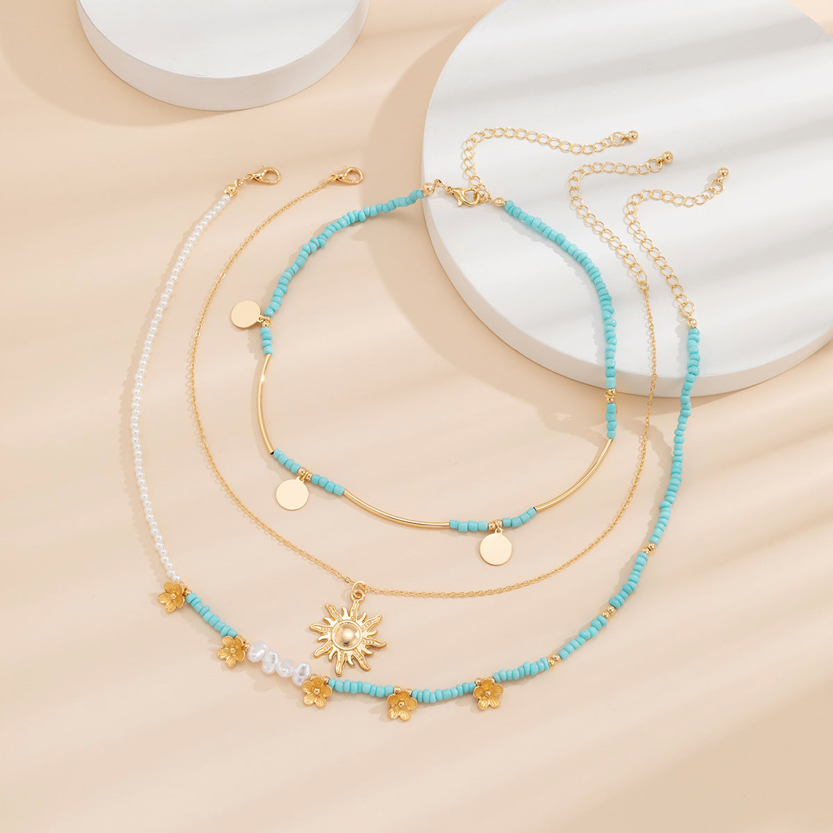 Vintage Sweet Geometric Alloy Pearl Pendant Resin Bead Tassel Necklace for Women