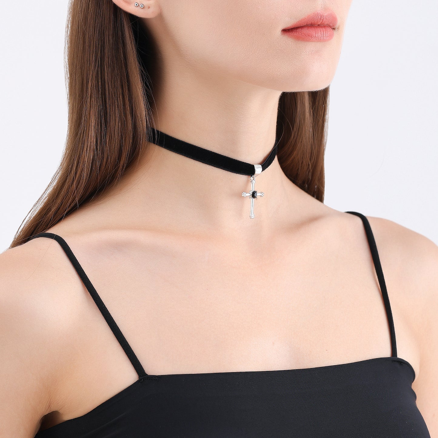 Gothic Style Cross Pendant Necklace with Black Satin Ribbon Short Clavicle Chain Alloy Plated Jewelry for Women