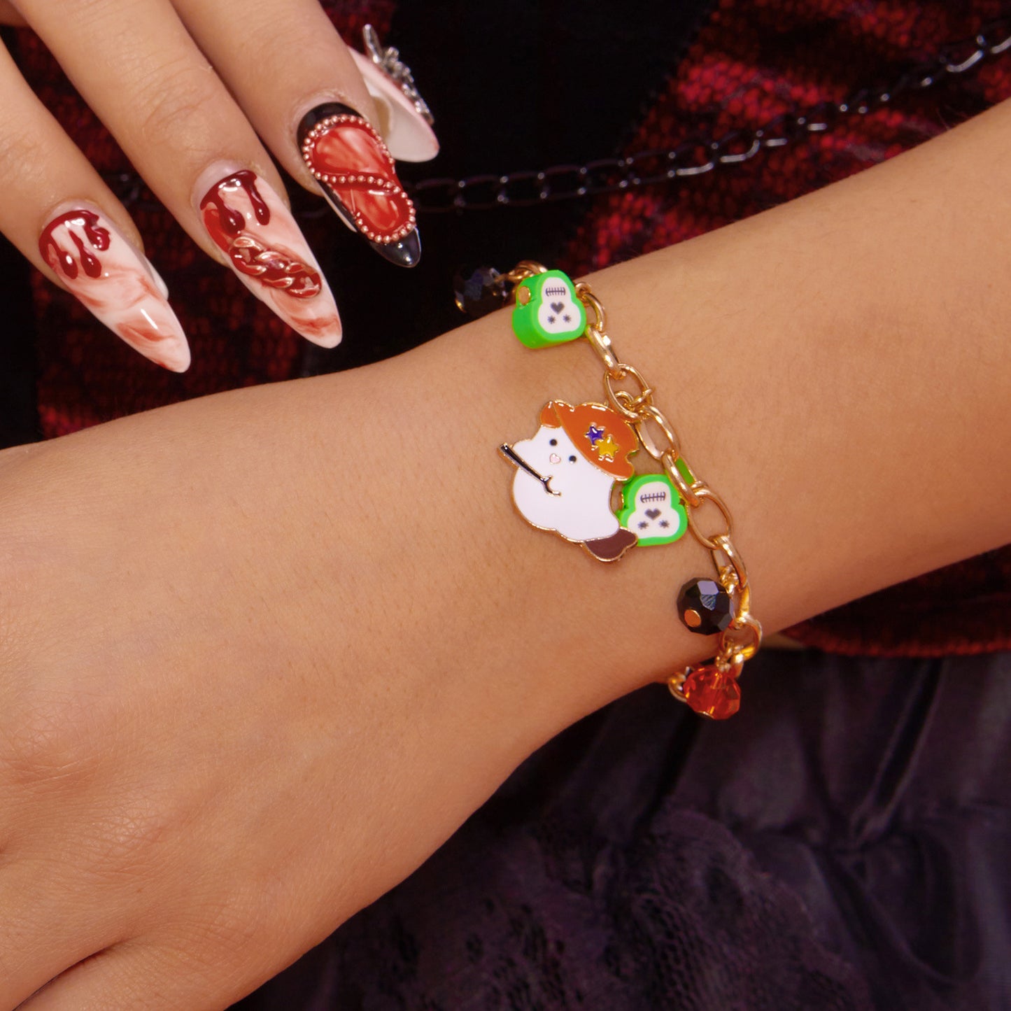 Cartoon-Style Halloween Ghost Pumpkin Bat Multi-Pendant Polymer Clay Bracelet with Plated Alloy
