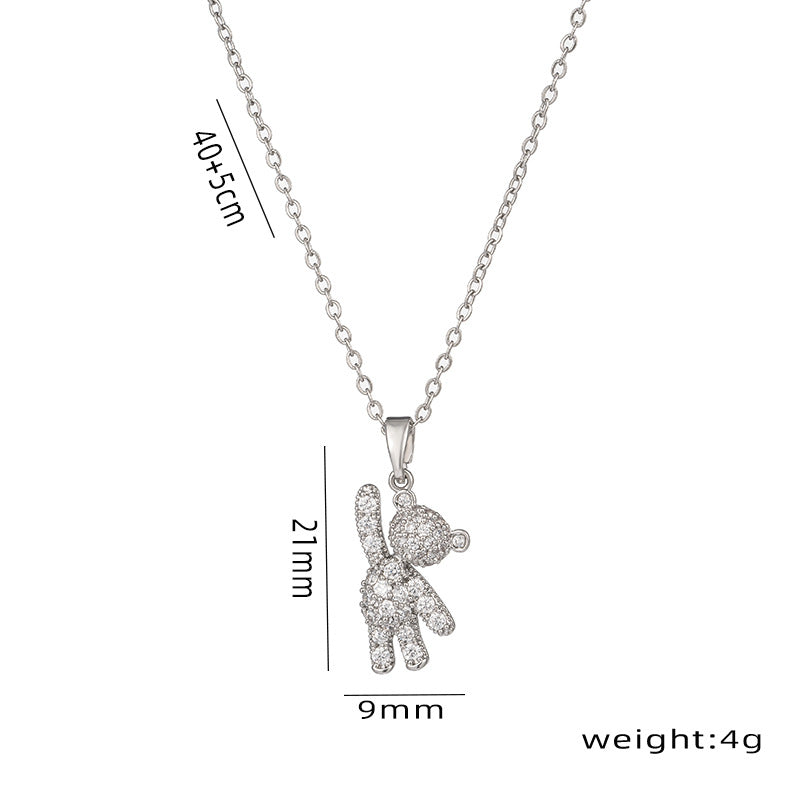 Collar con colgante de oso de dibujos animados para mujer en acero de titanio con incrustaciones de diamantes de imitación en cadena tipo O, estilo medallón geométrico minimalista