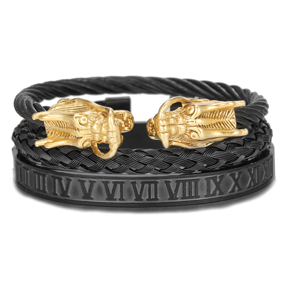 Personalized Double Leopard Head Black Agate Micro-set Cubic Zirconia Brass Stainless Steel Bracelet Set