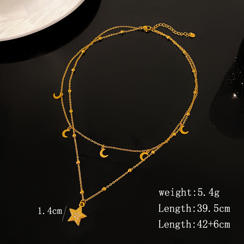 Vintage Titanium Steel Star Moon Geometric Tassel Pendant Necklace