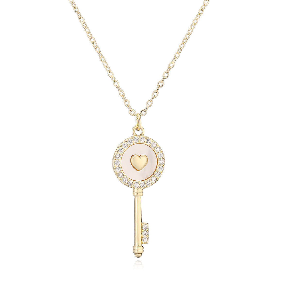 Minimalist Elegant 18K Gold Plated Brass Geometric Key Pendant Necklace with Cubic Zirconia and Shell Inlay for Women