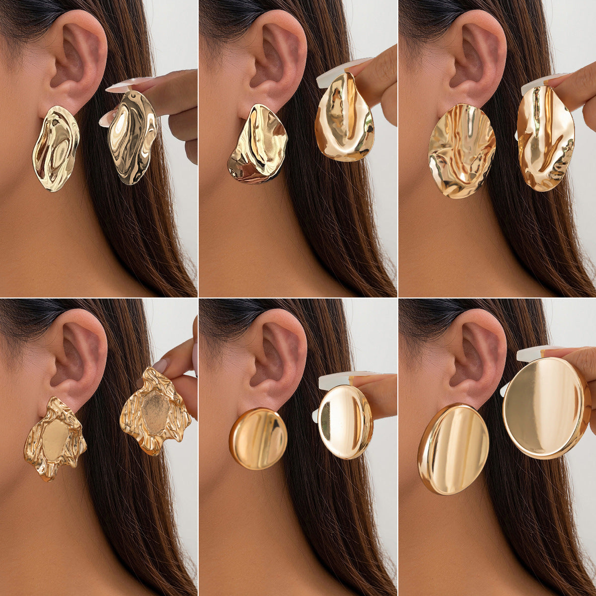 Minimalist Geometric Round Polished Alloy Stud Earrings with Irregular Wave Texture for Women