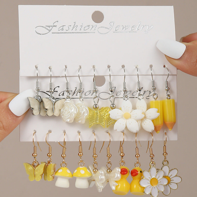 Orecchini minimalisti in lega a forma di farfalla e fungo con perle pendenti per bambini, finitura galvanizzata, tema colore arcobaleno