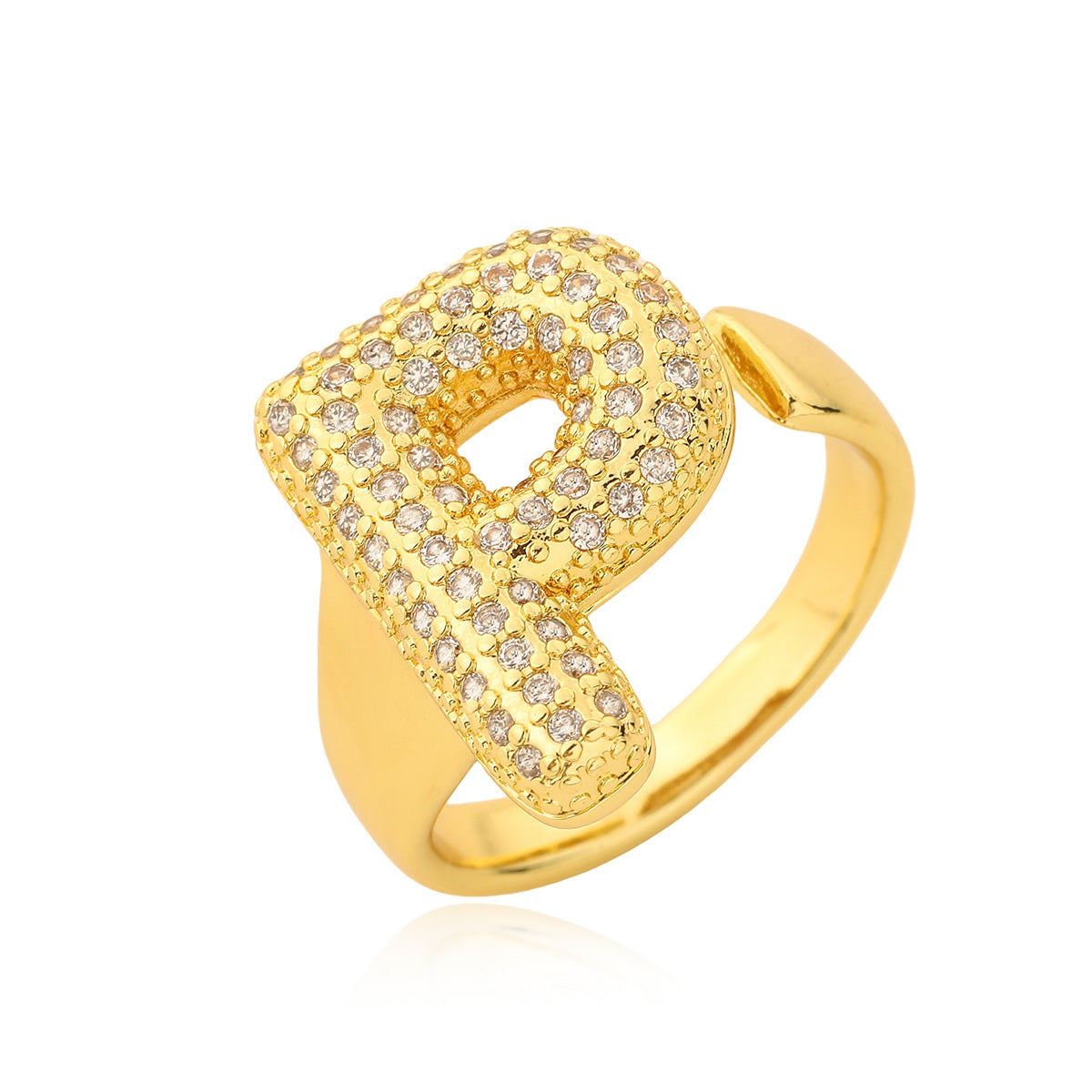 Minimalist Geometric Letter Zirconia Ring for Women in Copper with Gold Plating and Micro-Pavé Setting