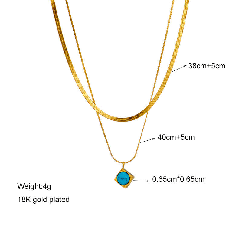 Vintage Fashionable Two-Tier Titanium Steel Necklace with Turquoise Square Pendant and Plated Finish