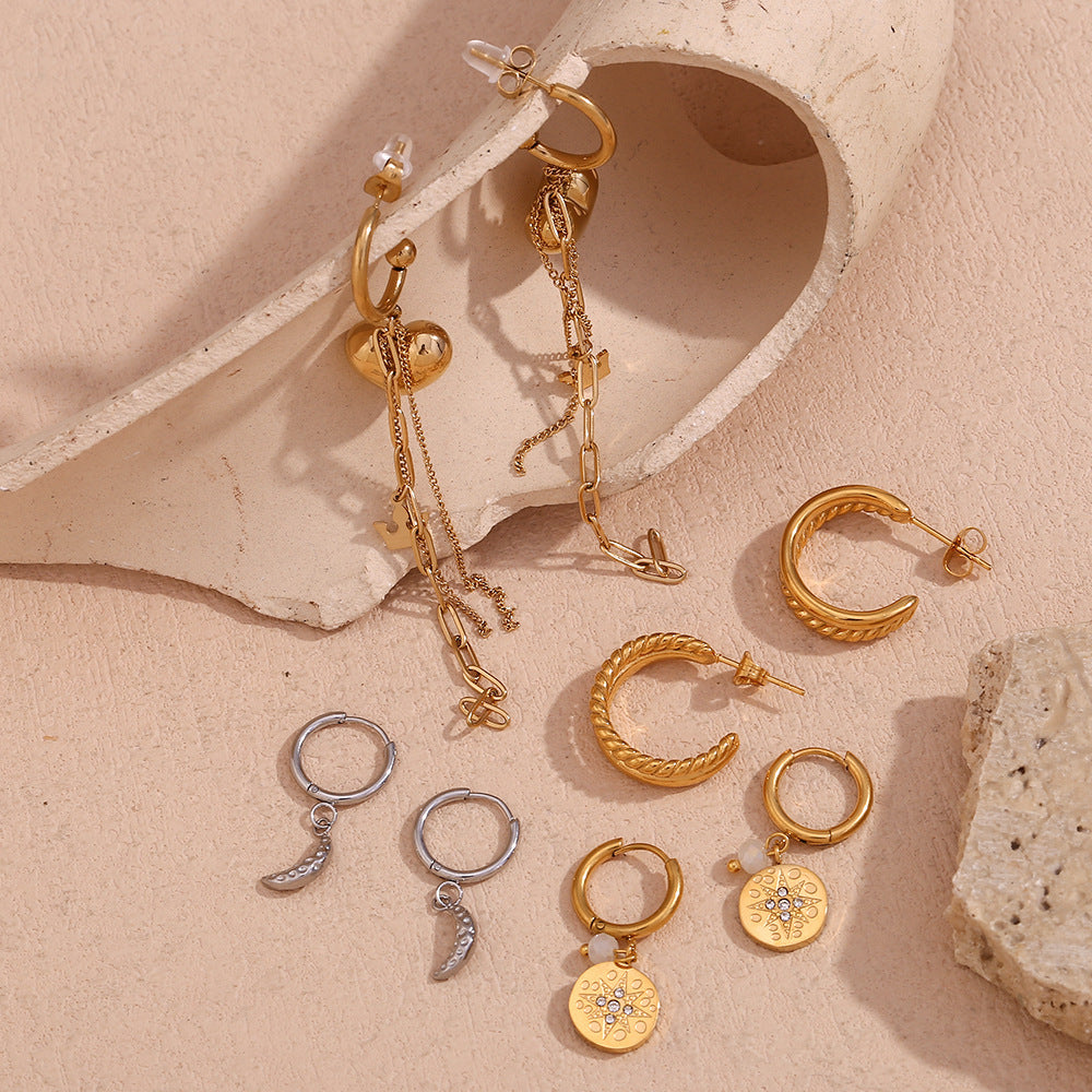 Vintage-Inspired Irregular Heart-Shaped Stainless Steel Earrings with 18K Gold Plating and Fringe Detail