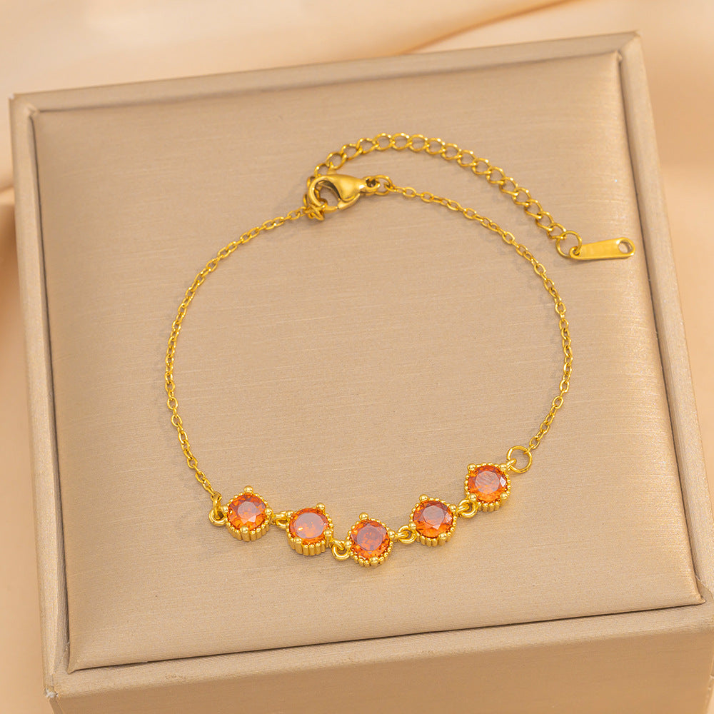Minimalist Luxury Geometric Garnet Bracelet with Zircon Inlay in Titanium Steel Plated with 18K Gold for Women
