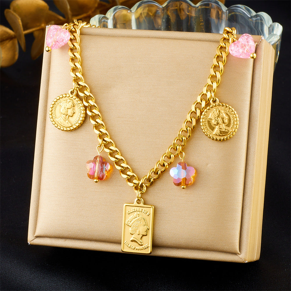 Set Collana con Ciondolo a Farfalla e Bracciale in Acciaio Inossidabile con Finitura Placcata, Stile Vintage