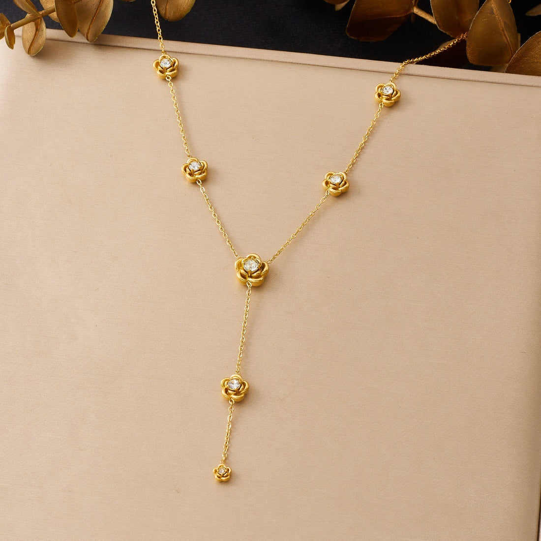 Minimalist Gold Plated Stainless Steel Floral Rhinestone Y-Shape Pendant Necklace for Women