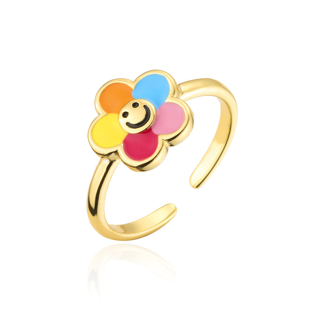 Fashion Drip Oil Gold Plated Brass Geometric Flower Open Ring for Women