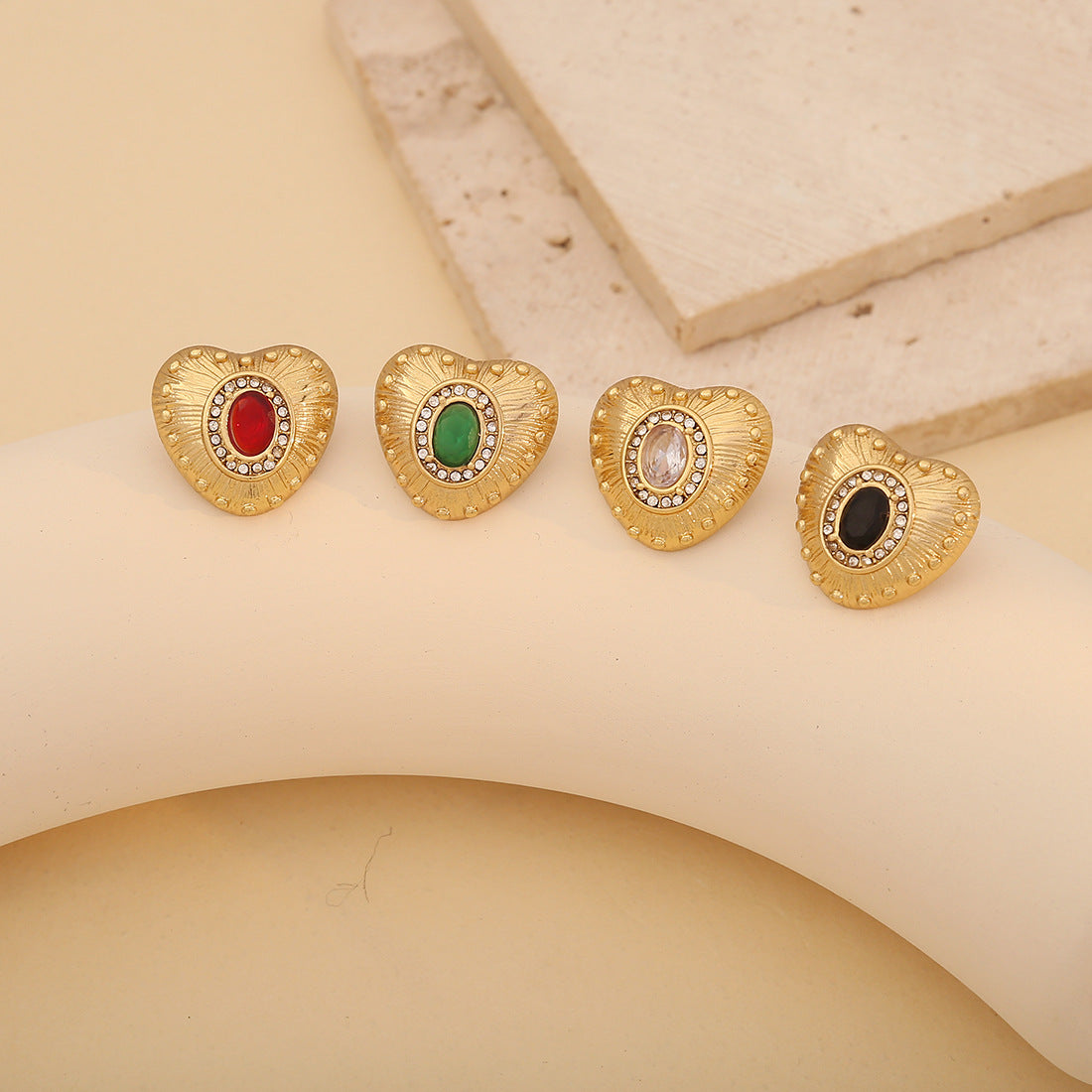Vintage Romantic Heart-Shaped Titanium Steel Stud Earrings with Zircon Accents and Plated Finish
