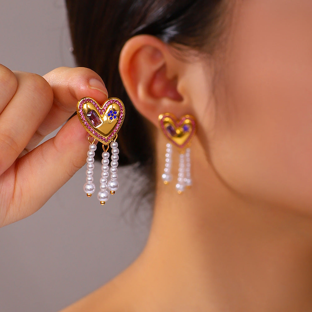 Pendientes Ins Style de Acero Inoxidable en Forma de Corazón con Incrustaciones de Pedrería y Colgante de Perla para Mujer