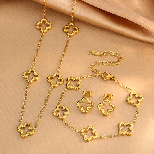 Fashion Elegant Hollow Plant Floral Stainless Steel Plated Necklace Bracelet Earring Set for Women