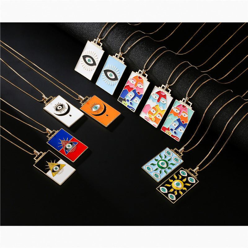Personalized Geometric Eye Sun Drip Oil Gold Plated Brass Necklace with Cubic Zirconia Box Chain